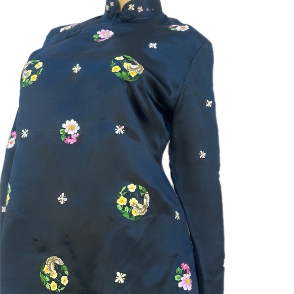 Vintage Chinese Silk Embroidered Top Floral Frog Closure Mandarin Collar 36 - Picture 3 of 12